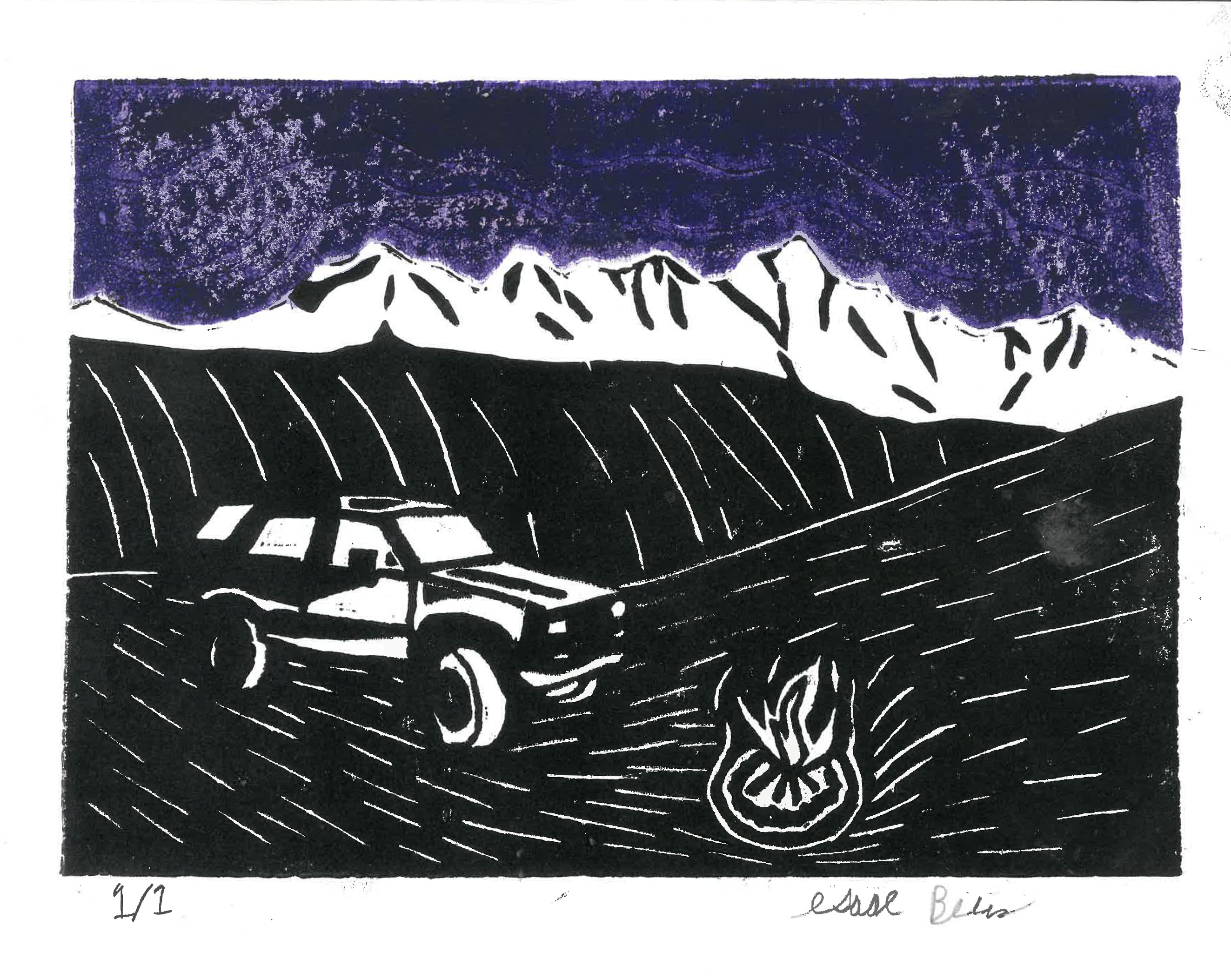 Black, white, and purple blockprint of a campsite in mountains